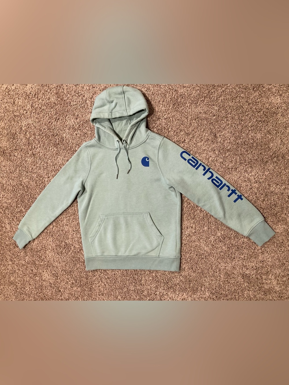Carhartt Men’s Sage Green Pullover Hoodie with Blue Logo